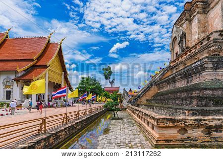 CHIANG MAI THAILAND - JULY 26: This is the architecture of the famous Wat Chedi Luang temple which is a popular landmark in the historic centre on July 26 2017 in Chiang Mai