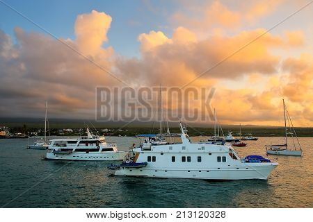 Boats Anchored In Academy Bay Near Puerto Ayora On Santa Cruz Island, Galapagos National Park, Ecuad