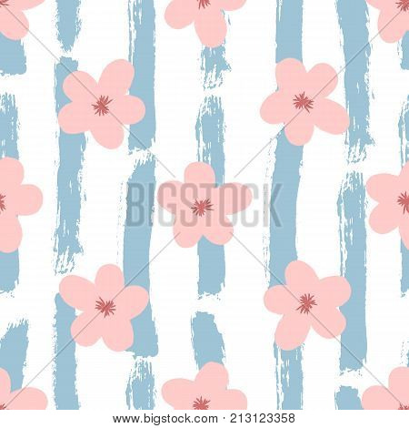 Cute flowers on striped background painted with rough brush. Floral seamless pattern. Grunge graffiti watercolour sketch. Pink white blue color. Vector illustration.