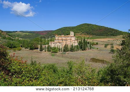 A view of the medieval Abbey of San Antimo on a sunny afternoon. Italy