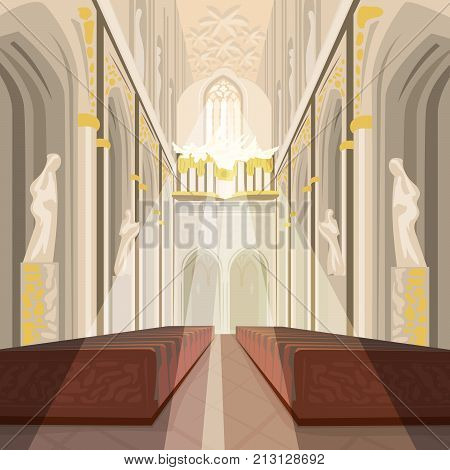 Interior Of Cathedral Church Or Catholic Basilica
