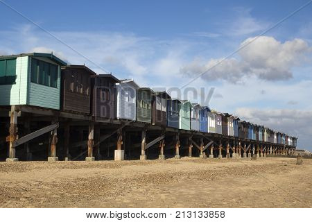 Beach Huts at Frinton-on-Sea Essex England, on a sunny day