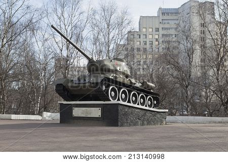 Vologda, Russia - April 8, 2014: T-34 tank established in honor of military and labor Vologda heroism in World War II