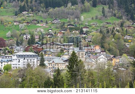 Panoramic view of Saint-Gervais-les-Bains and Alps the highest and most extensive mountain range system that lies entirely in Europe