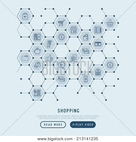 Shopping concept in honeycombs with thin line icons: jcashbox, payment, pos terminal, piggy bank, sale, currency, credit card, trolley. Vector illustration for banner, print media.