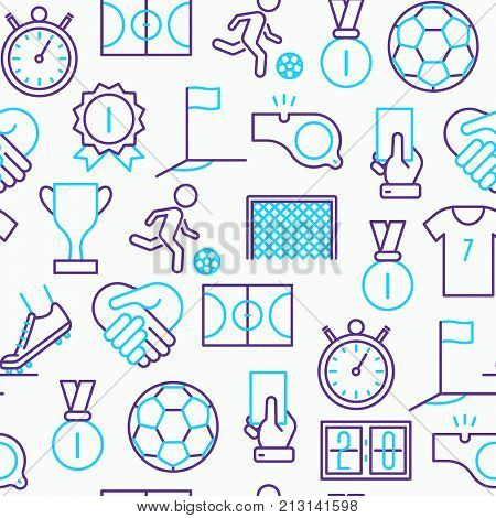 Football seamless pattern with thin line icons: player, whistle, soccer, goal, strategy, stopwatch, football boots, score. Vector illustration for banner, print media, web page.
