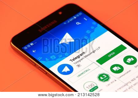 New York, USA - October 29, 2017: Telegram application in Play Store. Telegram mobile application in smartphone.