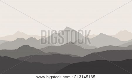 panoramic view of the mountain landscape with fog in the valley below with the alpenglow grey sky - vector