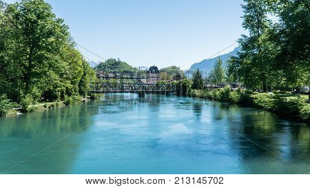 Interlaken Switzerland - May 2017: Scenery of fishing village Iseltwiald on Brienz lake in Interlaken Switzerland.