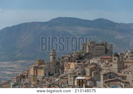 Caccamo, Sicily. Medieval Italian City With The Norman Castle In Sicily Mountains, Italy.