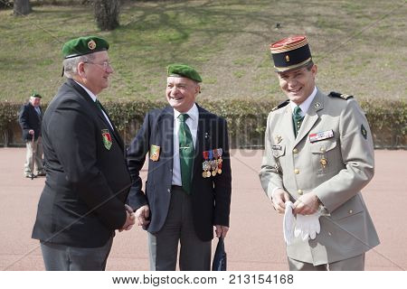 Aubagne, France. May 11, 2012. Veterans of the French foreign legion together with the Colonel of the first foreign regiment of the French foreign legion during the annual meeting of the veterans.