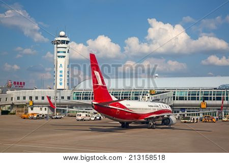 Guilin - October 02:  Planes preparing for take off at Guilin International Airport on October 2, 2017 in Guilin, China. Guilin is popukar tourist destination on the sounth of China