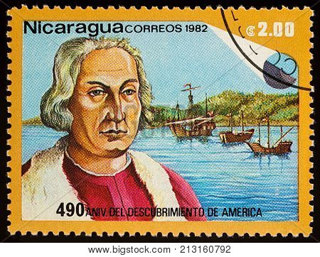 Moscow Russia - November 09 2017: A stamp printed in Nicaragua shows portrait of Christopher Columbus series 