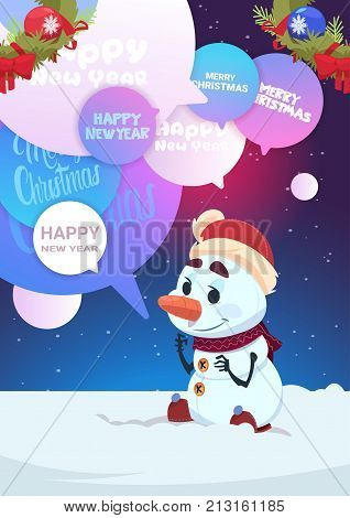 Cute Snowman Greeting With Merry Christmas And Happy New Year Holiday Card With Chat Bubbles Messages Flat Vector Illustration