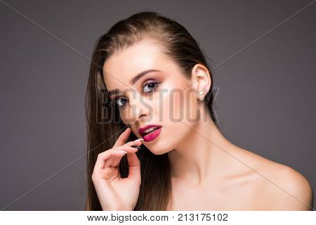 Beautiful Woman Skin Tanned Red Lips Healthy Beauty Skin Smile. Spa Beautiful Model Girl Cute Face O
