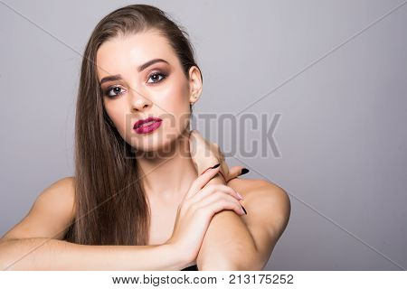 Beautiful Woman Skin Tanned Red Lips Healthy Beauty Skin Smile. Spa Beautiful Model Girl Cute Face O