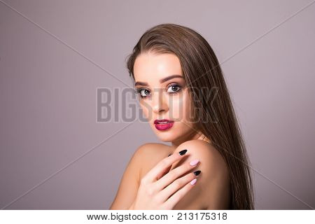 Beautiful Woman Skin Tanned Red Lips Healthy Beauty Skin Smile. Spa Beautiful Model Girl Cute Face O