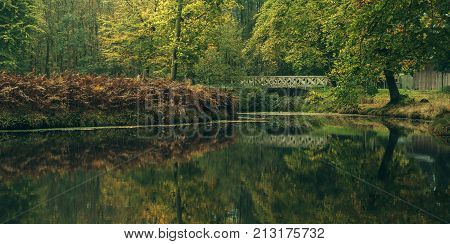 Pond With Bridge In Autumn Forest. Wildlifepark Dulmen, Germany.