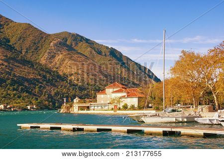 Mediterranean village of Dobrota on a sunny autumn day. Bay of Kotor, Montenegro