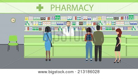 People in the pharmacy. The pharmacist man stands near the shelves with medicines. In the green hall there are visitors. Vector illustration.
