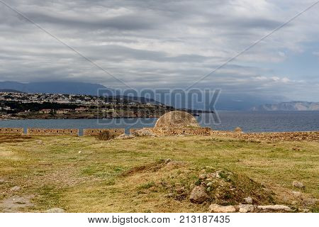 Crete. The city of Rethymnon. Inside the Venetian ancient fortress of Fortezza (Greece) on a cloudy day
