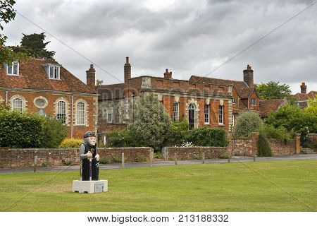 SALISBURY, UNITED KINGDOM -  August 03, 2015: old Salisbury and the Baron sculpture, created to celebrate the 800th anniversary of the Magna Carta on August 03, 2015 in Salisbury, South England