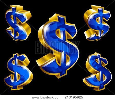 Vector golden dollar symbols in 3D style with different angles