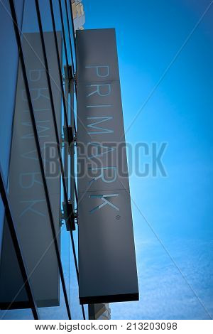 DRESDEN, GERMANY - OKTOBER 11, 2017: Neon sign at a Primark store in downtown Dresden in a shopping street