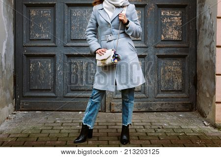 Croped Picture At Fashion Handbag Girl Posing On Street. Model Looking Aside. Lady Wearing Stylish A