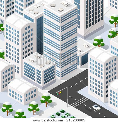 Megapolis 3d isometric three-dimensional view of the city. Collection of houses skyscrapers buildings built and supermarkets with streets and traffic. The stock vector