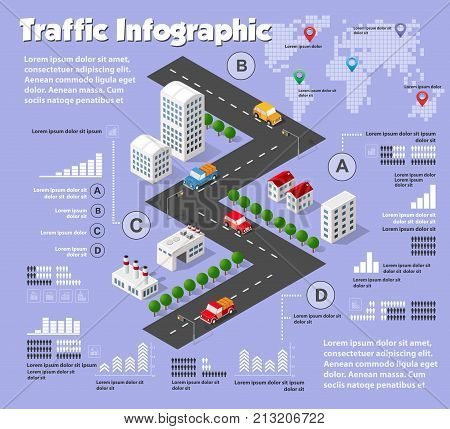 Modern flat isometric city road design elements infographics with text fields. Infrastructure navigation pins park transport buildings trees. Colorful template for web site brochure presentation