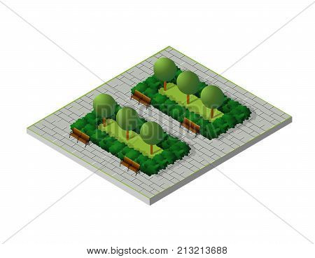 Isometric buildings City Park Furniture. Parkland garden concept with tree bench and sidewalk in 3d flat tridimensional style. Vector illustration.