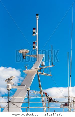 View Of The Yacht Masthead Against The Blue Sky, Sete, France. Close-up. Vertical