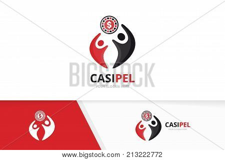 Vector casino and people logo combination. Chip and family symbol or icon. Unique roulette game and union, help, connect, team logotype design template.