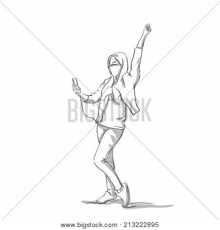 Excited Business Woman With Raised Hand Sketch Of Businesswoman Success Concept Isoltaed On White Background Vector Illustration