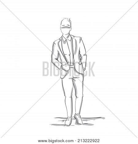 Sketch Silhouette Of Confedent Business Man In Suit, Businessman Full Length On White Background Vector Illustration