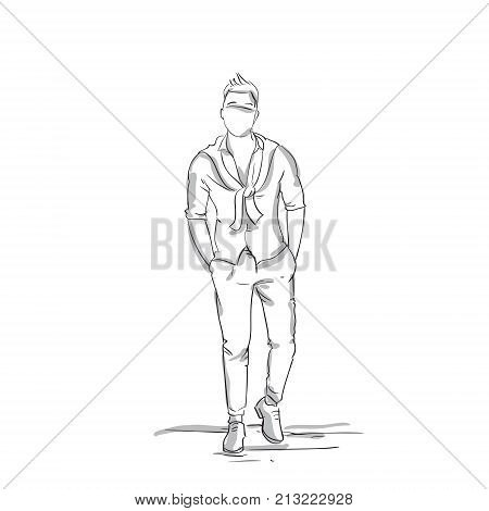 Business Man Sketch Silhouette Wear Fashion Clothes Businessman Full Length On White Background Vector Illustration