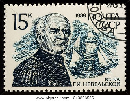 Moscow Russia - November 11 2017: A stamp printed in USSR (Russia) shows portrait of admiral Gennady Nevelskoy (1813-1876) series 