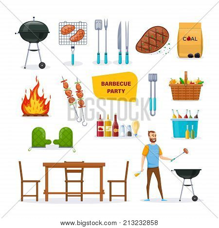 Set for barbecue party. BBQ, mangal with barbecue, cutlery, grill meat, chicken, vegetables, fire, baskets with drinks, food, sauces, restaurant and outdoor party home dinner Vector illustration