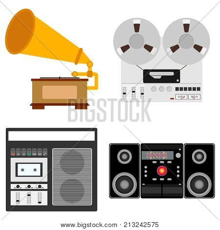 Musical equipment. Gramophone bobbin tape recorder cassette tape recorder music center. Flat design vector illustration vector.