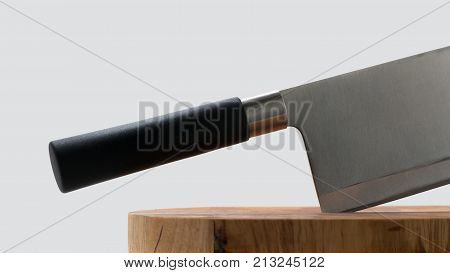 Chopping board block and Meat cleaver large chef's knife on white background. Closeup