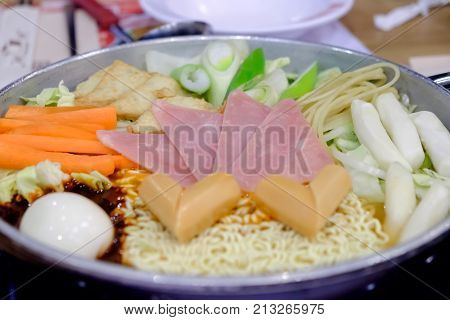Budaejjigae or Instant noodles hot pot Korean style that to put many things