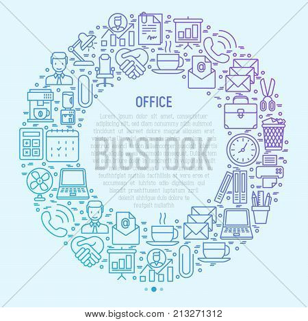 Office concept in circle with thin line icons of manager, coffee machine, chair, career growth, e-mail, folders, watercooler, lamp. Vector illustration for banner, web page, print media.
