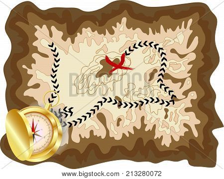 A Pirate Old Map On A Yellow Parchment With A Marked Route And A Red Mark With A Golden Compass Lyin