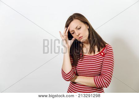 Pretty European Worried And Pensive Brown-haired Woman With Healthy Clean Skin And Headache, Dressed