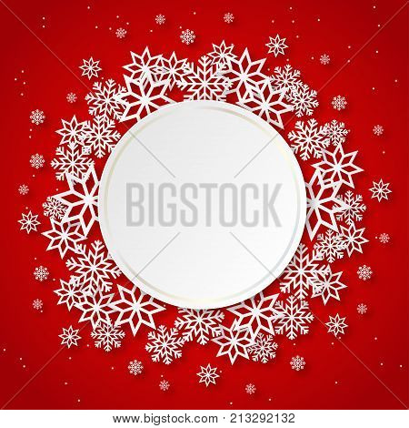 Vector illustration abstract Christmas Background with volumetric snowflakes and round frame. Winter paper art design. White 3D snowflakes with shadow. Xmas and new year card template