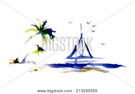 Palm tree on the beach and sail boat, abstract background made of watercolour with space for text