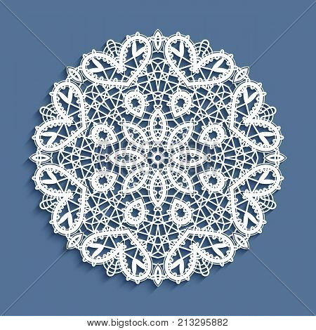 Bobbin lace doily, vector mandala circle ornament, round crochet pattern, ornate snowflake decoration