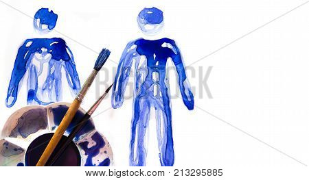 Abstract people made of watercolour  palette and artist brushes