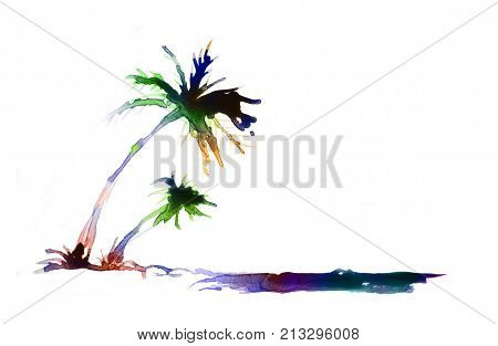 Palm tree on the beach, abstract background made of watercolour with space for text
